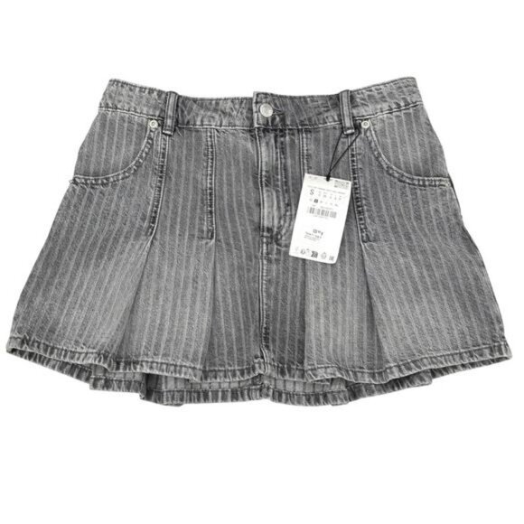 NWT ZARA Denim Mid Rise Striped Box Pleat Skirt Size Small - Picture 3 of 6